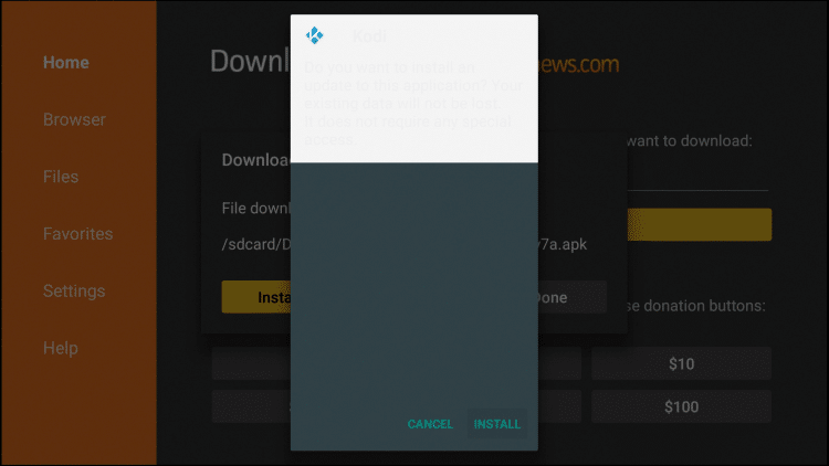 Click Install when asked to update Kodi on Firestick