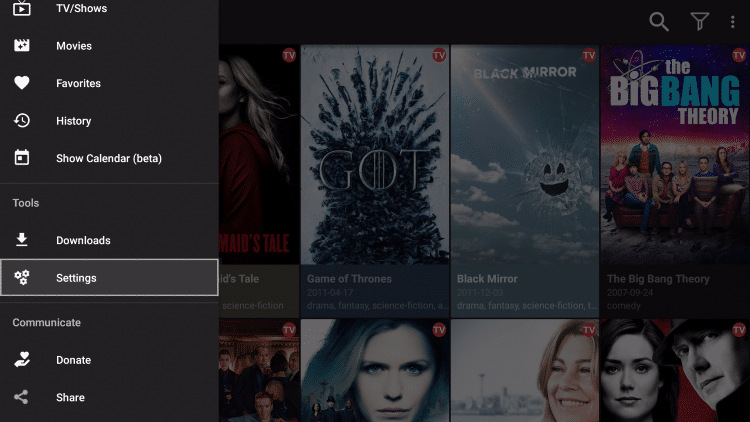 Scroll down and select Settings on the cinema apk menu