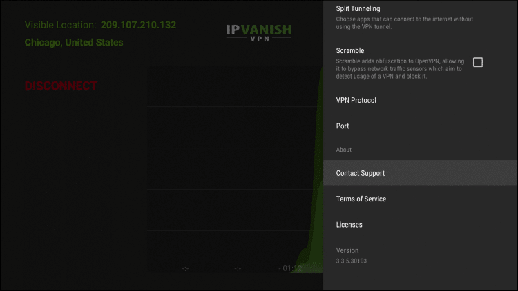 Contact Support will direct you to the IPVanish support information.