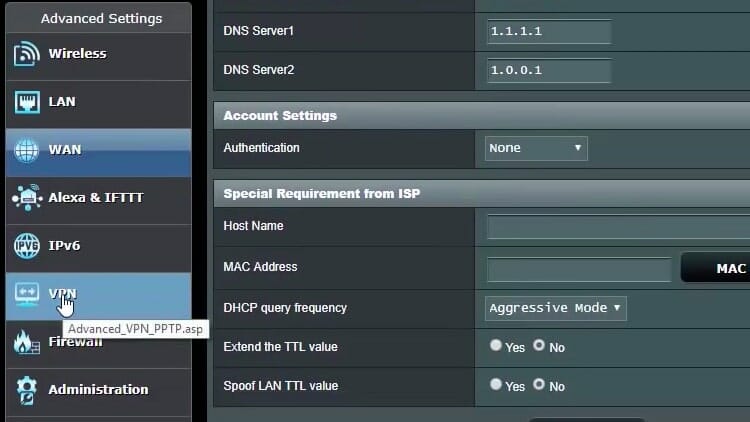 On the control panel of your router, click VPN under the Advanced Settings menu.