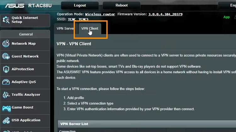 Click the VPN Client tab. This is the page where various servers can be configured according to what you want your router to connect to through the VPN service.