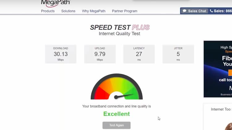 In this example, the download and upload speeds are indicated as 30.13 Mbps and 9.79 Mbps, respectively.