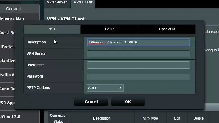 On the PPTP option, type in the Description. In this example, “IPVanish Chicago 1 PPTP” is entered.