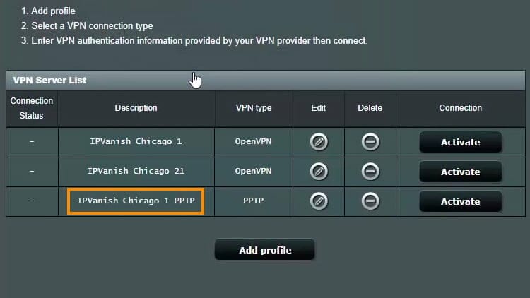 On the VPN Server List, activate the new server that you added.