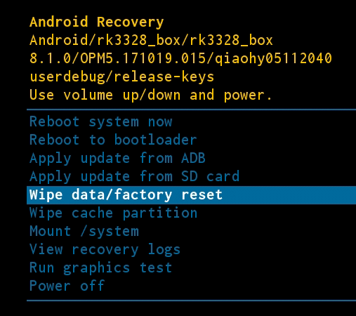 Android Wipe Data screen