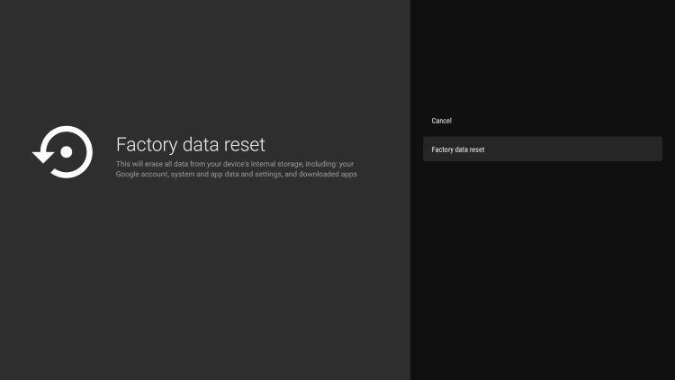 Click Factory data reset again on Android TV Box