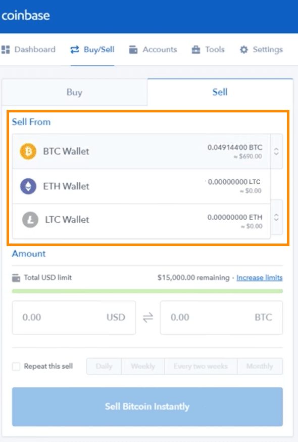 Step 3 - How to Sell Bitcoin on Coinbase (Desktop User)