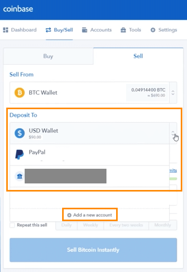 Step 4 - How to Sell Bitcoin on Coinbase (Desktop User)