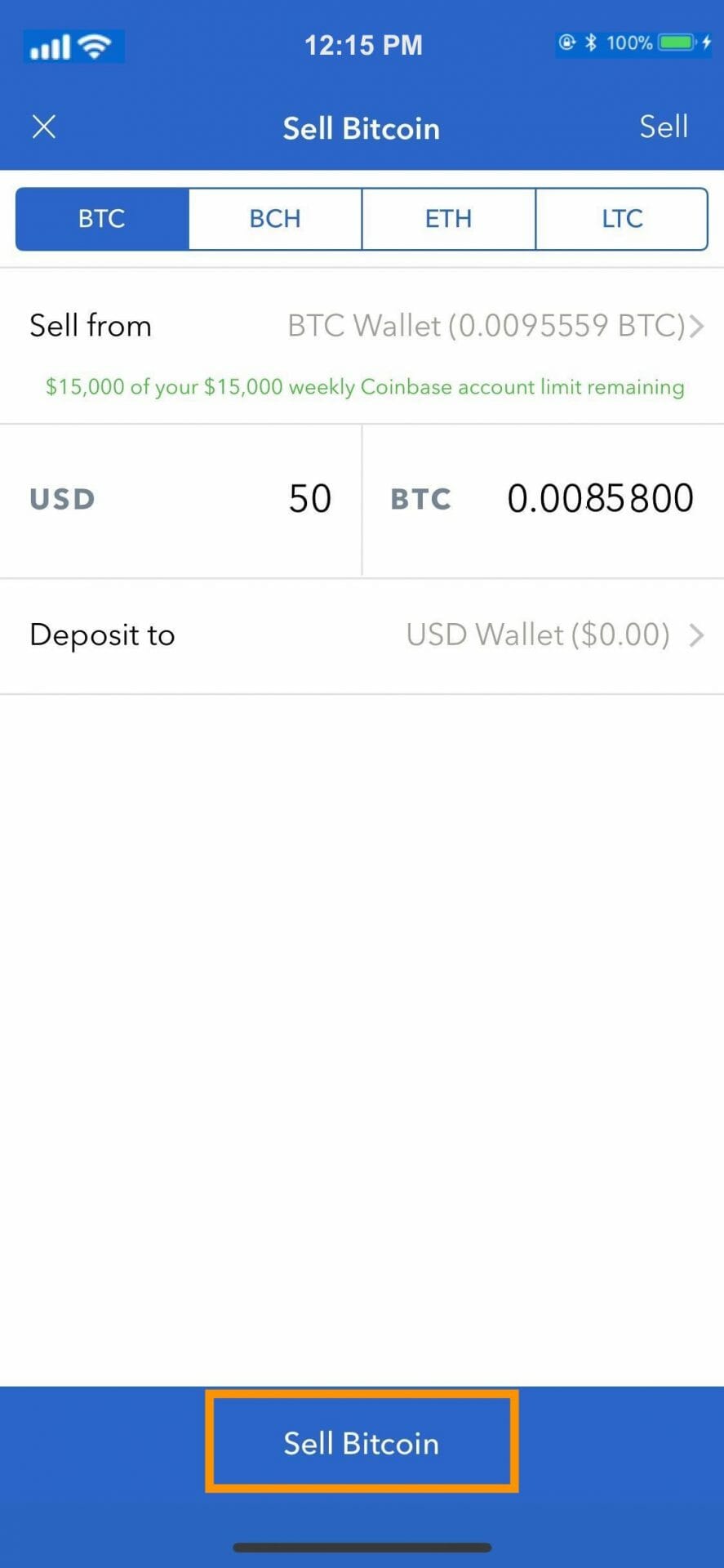 Step 6 - How to Sell Bitcoin on Coinbase (Mobile User (iOS and Android))