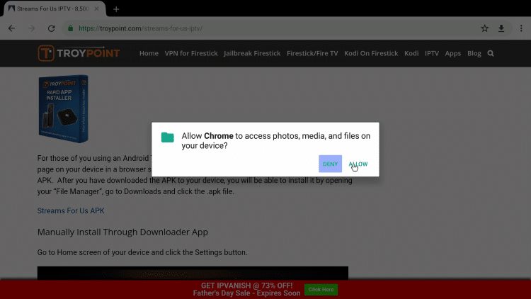 Click Allow when asked for your browser (Chrome) to access your files. This needs to be done because it needs permission to download the APK to your Android system.