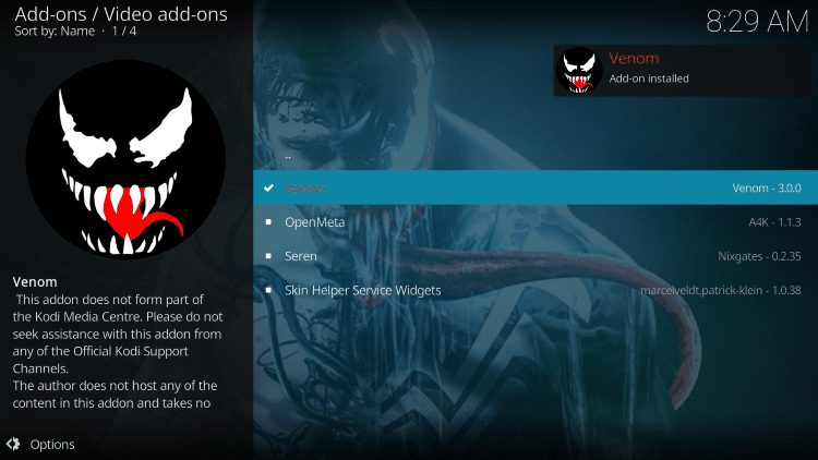 wait for venom add-on installed message