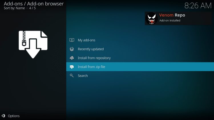 wait for Venom Repo add-on installed message
