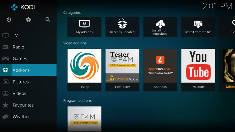 go back to the kodi home screen then click add-ons