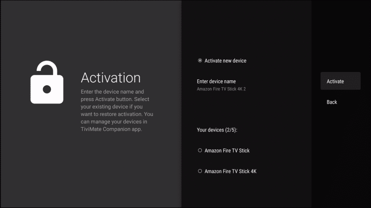 Enter the device name and click Activate tivimate