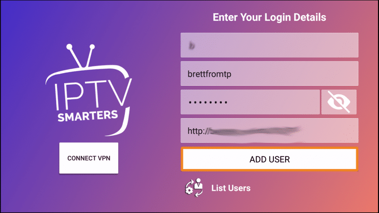 enter account information and click add user to access iptv smarters