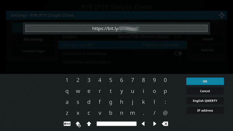 Enter the provided M3U URL from your IPTV Service with your account info inserted and click OK.