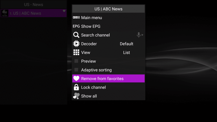 To remove a channel from favorites, hover over the selected channel then hold down the Options button on your remote. Then scroll down and choose Remove from favorites.