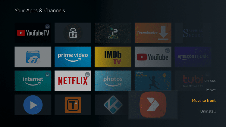 Press the Menu  button on your remote and select Move to front to move Aptoide TV to the front