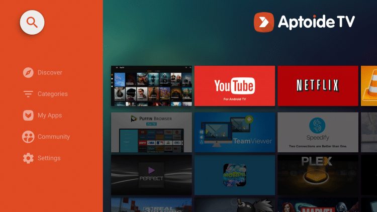 Once on the home screen of Aptoide TV, click the search icon in the top left.