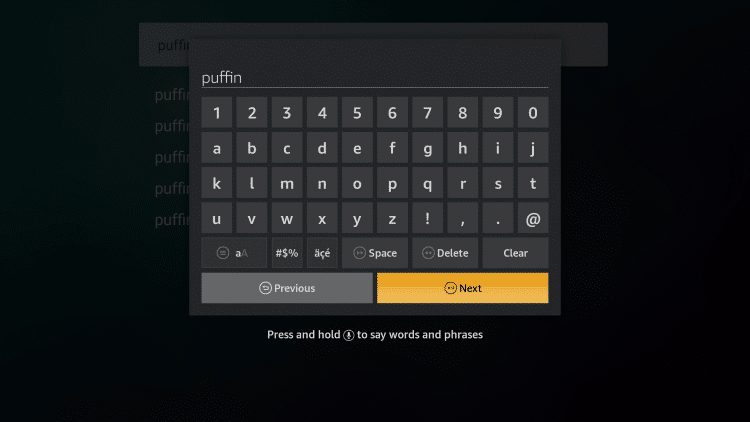 Enter in "puffin" and click Next