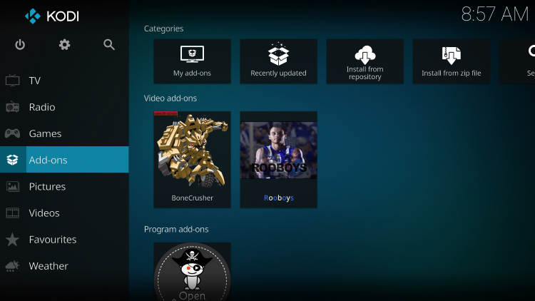 Once the Rooboys Video add-on has been installed go back to the Home screen of Kodi. Click Add-ons