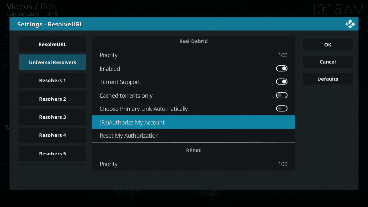 Within the Universal Resolvers menu on the left, scroll down until you find the settings for Real-Debrid
