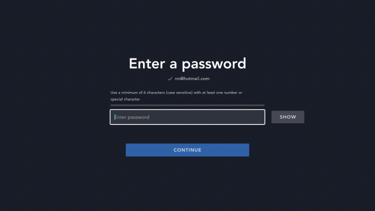 You are then required to create a password. Enter in a password then click Continue.