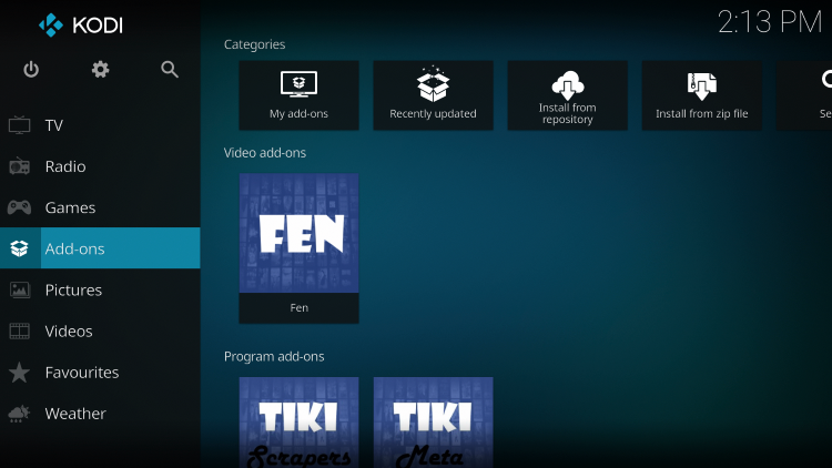 Once the FEN Video add-on has been installed go back to the Home screen of Kodi.
