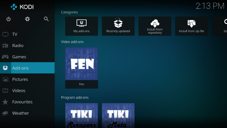 Μόλις εγκατασταθεί το πρόσθετο FEN Video, επιστρέψτε στην Αρχική οθόνη του Kodi.