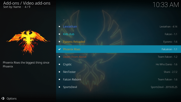 try install phoenix rises kodi addon