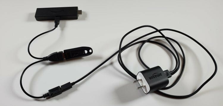 OTG Cable connected to Fire TV Stick 4K with USB Flash Drive