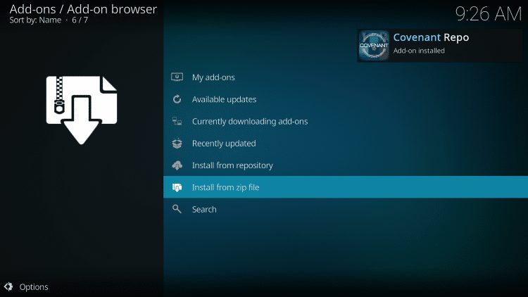 Wait for the "Covenant kodi Repo Add-on installed" message to appear