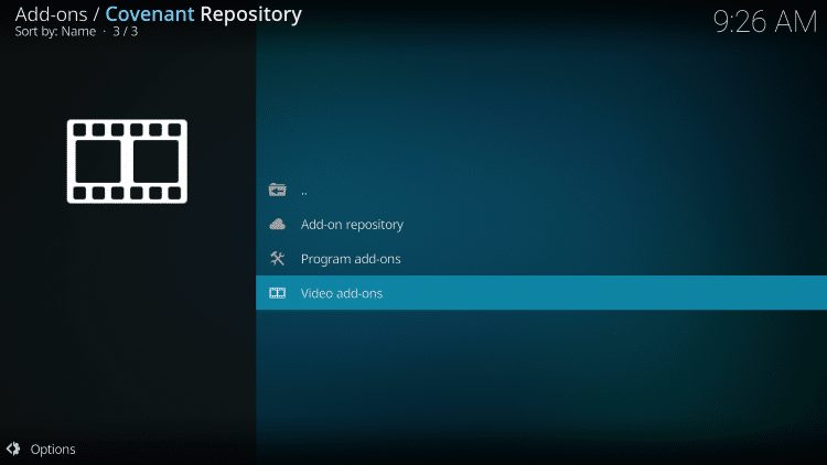 Scroll down and select Video add-ons to find covenant kodi