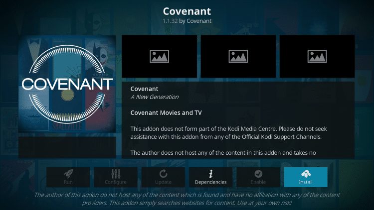 Click Install covenant kodi