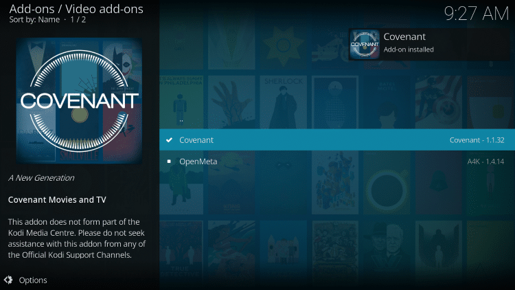 Wait a minute or two for the Covenant Kodi add-on to install