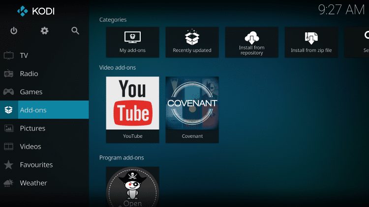 Once the Covenant Video add-on has been installed go back to the Home screen of Kodi