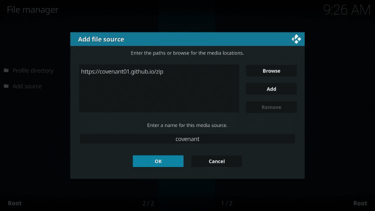 Type "covenant kodi" or any other name you would like to identify this source as and click OK