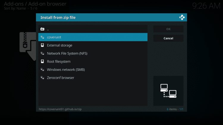 Select "covenant kodi" or whatever you named the media source in the previous step