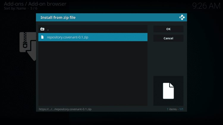 Click the zip file URL to install covenant kodi