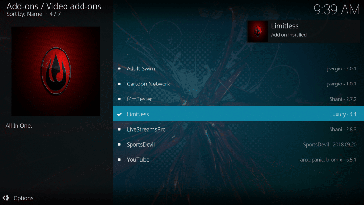 Wait a minute or two for the Limitless Kodi add-on to install