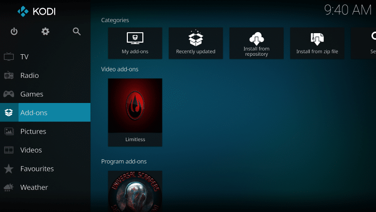 Once the Limitless Video add-on has been installed go back to the Home screen of Kodi.