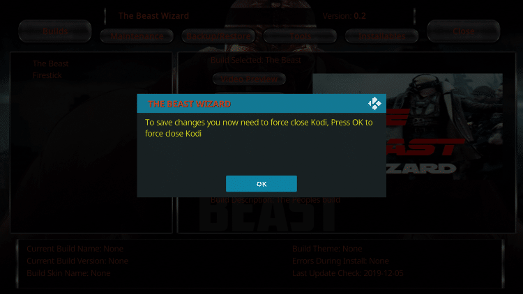 After the build is finished installing, click OK when this message appears