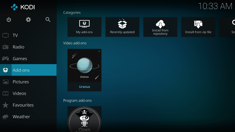 Once the Uranus Video add-on has been installed go back to the Home screen of Kodi.