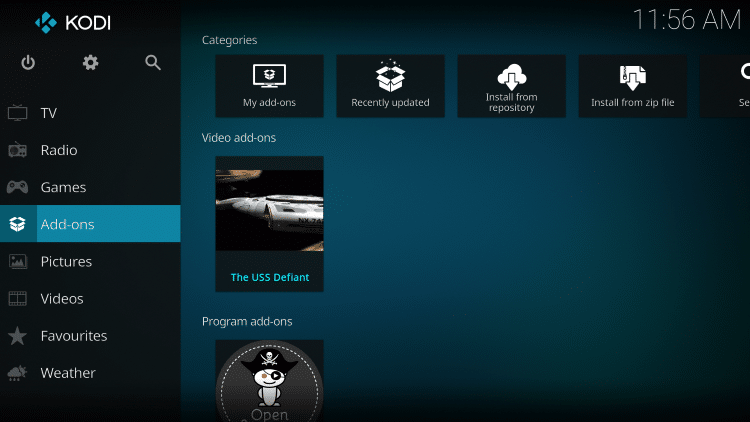 Once The USS Defiant Video add-on has been installed go back to the Home screen of Kodi.