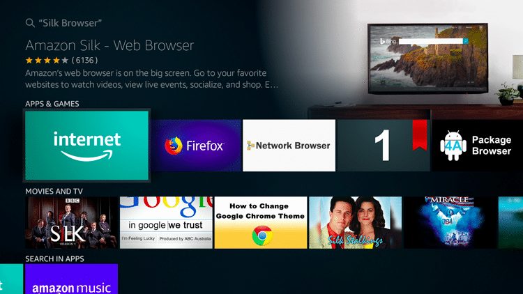Install the Amazon Silk Browser for free on your Fire TV or Fire TV Stick through the Amazon App Store