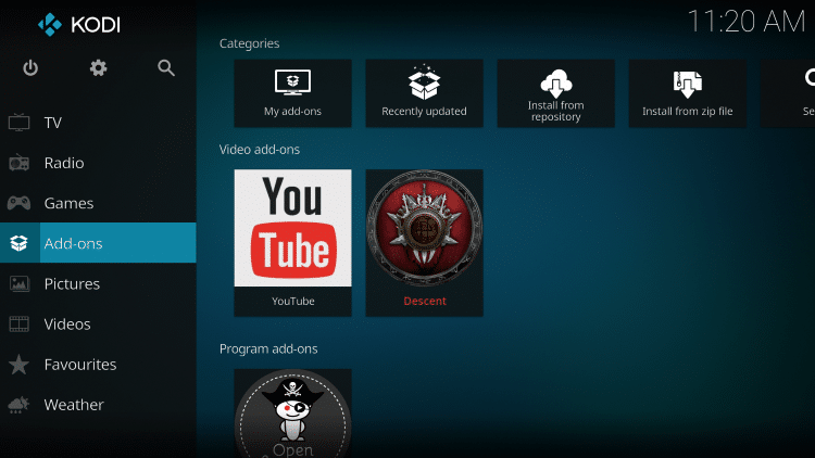 Once the Descent Video add-on has been installed go back to the Home screen of Kodi.