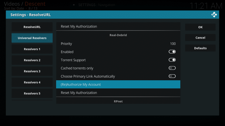 Within the Universal Resolvers menu on the left, scroll down and select (Re)Authorize My Account under Real-Debrid