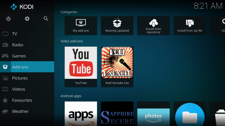 Once the Kodi Karaoke Lite add-on has been installed go back to the Home screen of Kodi. Click Add-ons