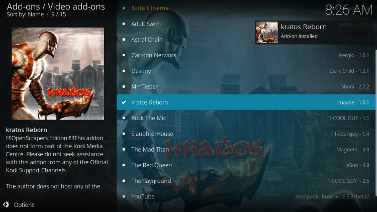Wait a minute or two for the Kratos Reborn Kodi add-on to install