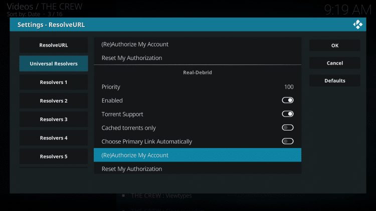 Within the Universal Resolvers menu on the left, scroll down and select (Re)Authorize My Account under Real-Debrid.
